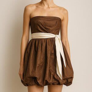 NWT Y2K Prom Graduation Brown/Cream Bubble Hem Strapless Dress Sz 14